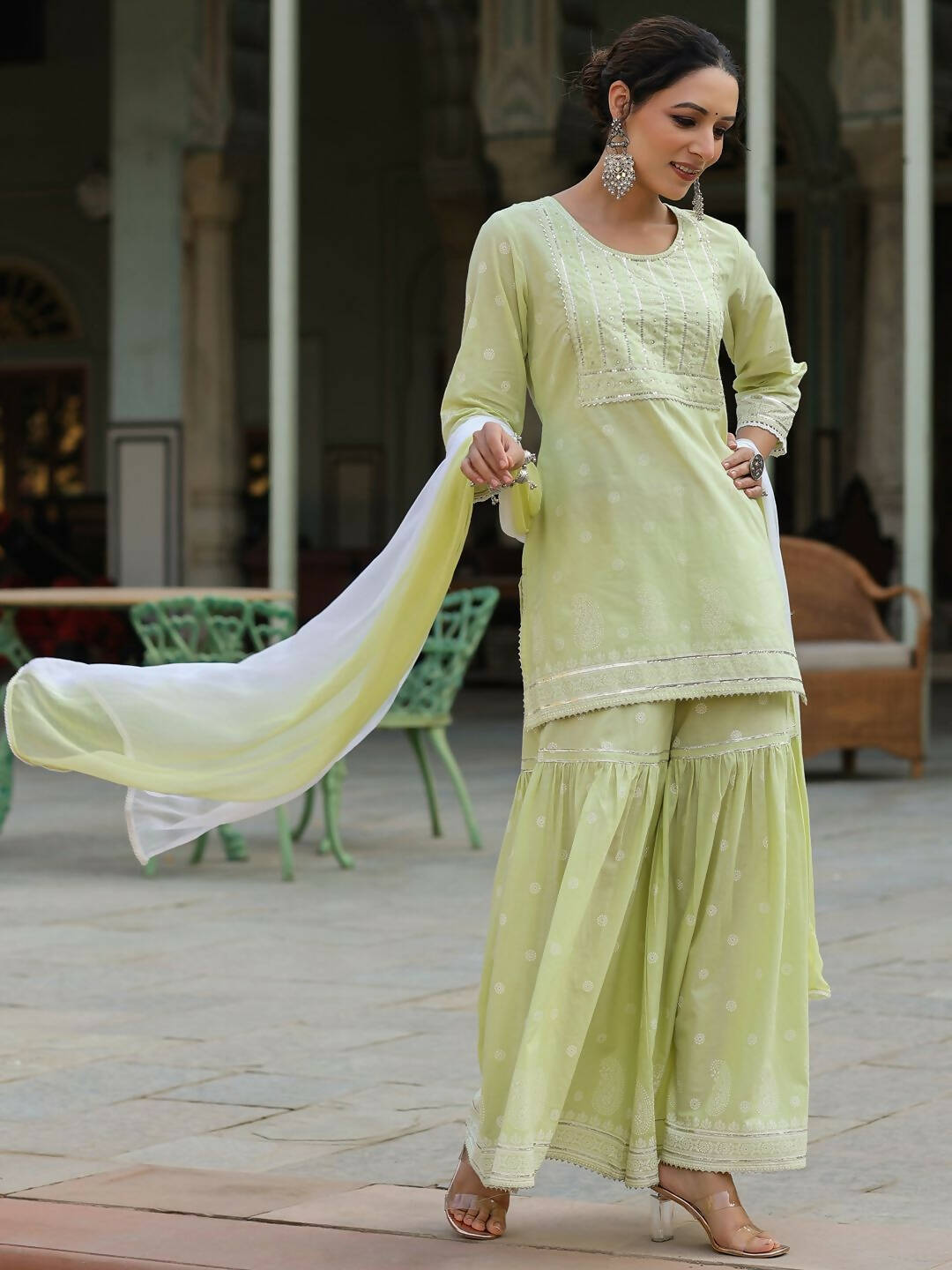 Juniper Women's Lime Green Cambric Floral Print Kurta Sharara Sets | Swadesiicart