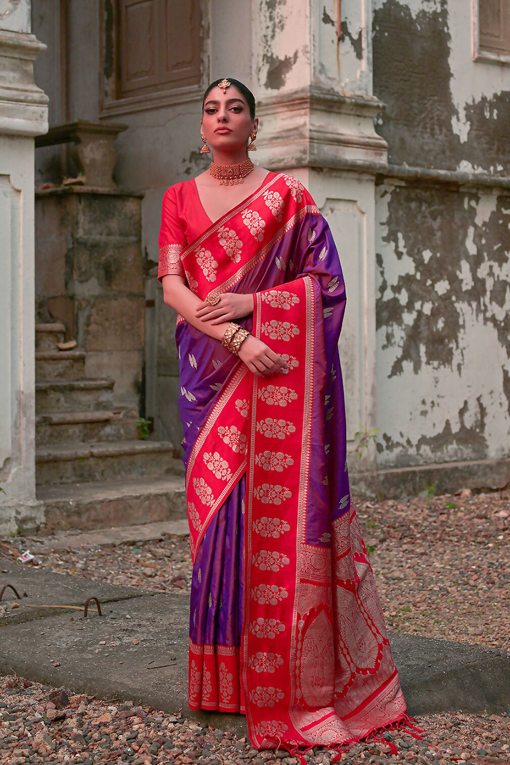 Vishnu Weaves Women's Wine Kanchi Silk Woven Saree with Blouse - Swadesiicart