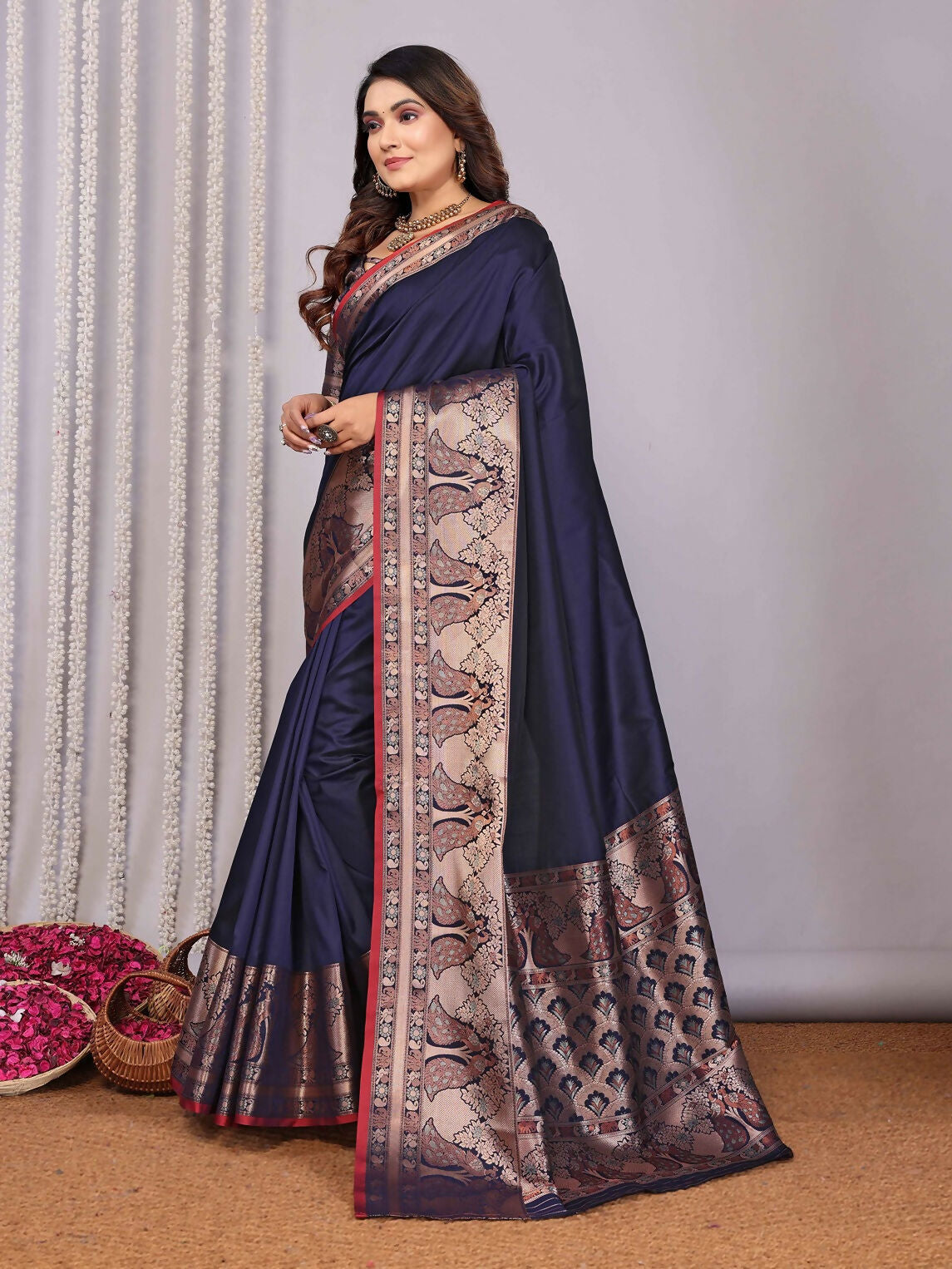 Joban Fashion Navy Blue Woven Banarasi Silk Sarees | Swadesiicart