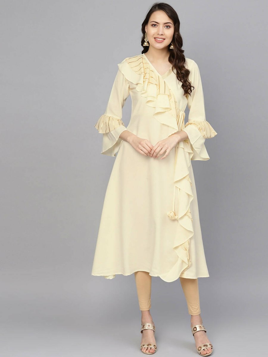 Ahalyaa Cream Crepe Angarkha Style Ruffled Kurta For Women | Swadesiicart