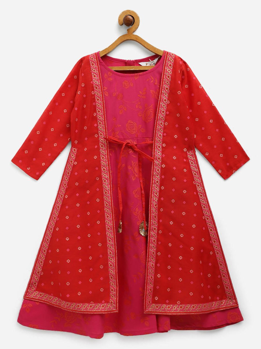 Ahalyaa Dark Pink Crepe Khari Print kids Dress Attached Jacket For Girls | Swadesiicart