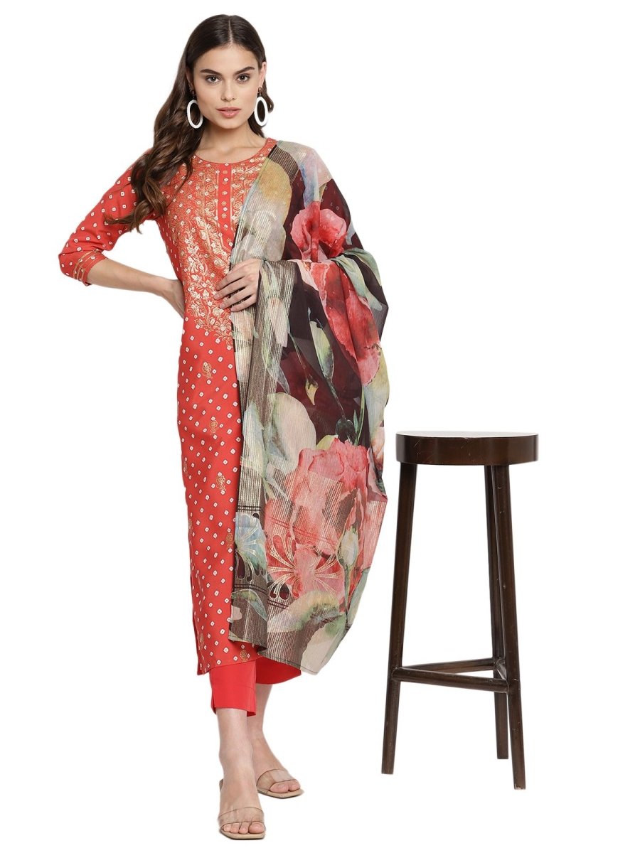 Ahalyaa Red Crepe Bandhani Gold Printed Kurta Pant With Dupatta | Swadesiicart
