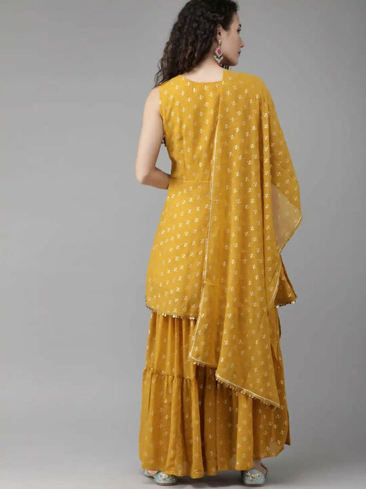 Ahalyaa Mustard Georgette Gold Foil Print Peplum Kurta Sharara Set With Dupatta | Swadesiicart