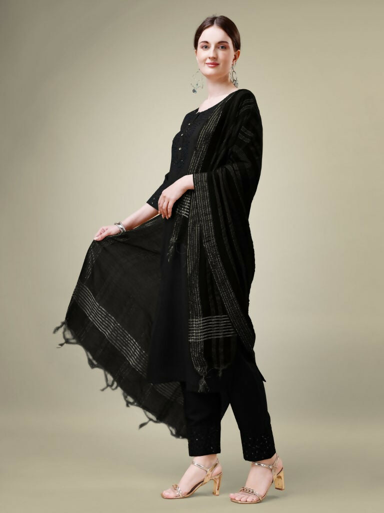 Jyoti Fashion Women's Black Cotton Blend Embroidery & Sequence work Kurta with Trouser & Dupatta | Swadesiicart