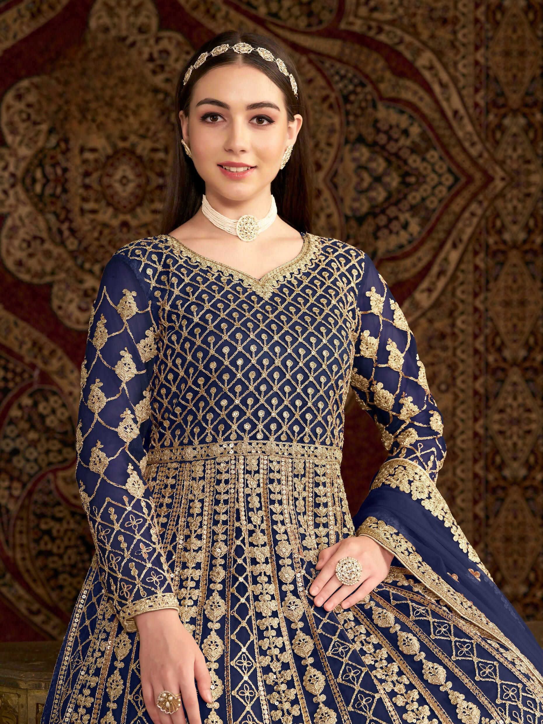 Anaita Navy Blue Embroidered Net Anarkali Suit
