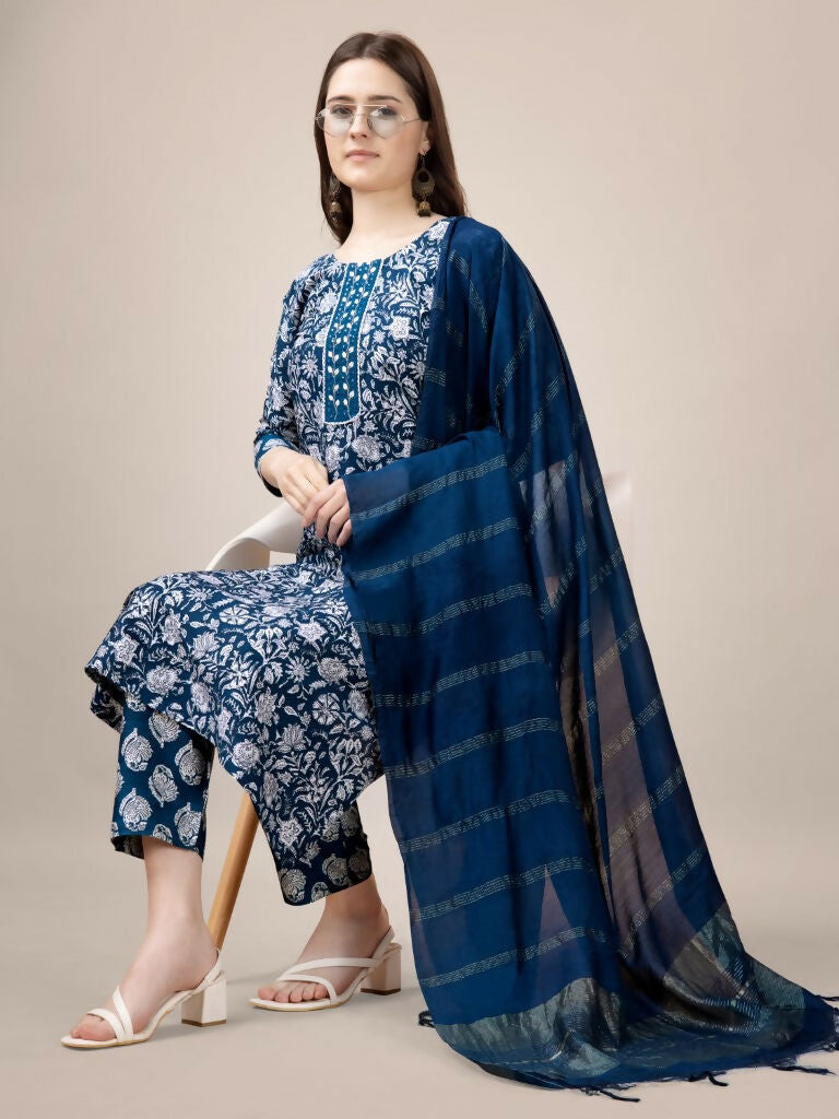 Jyoti Fashion Women's Morpich Rayon Print with Embroidery & Fancy Lace Work Kurta with Trouser & Dupatta | Swadesiicart
