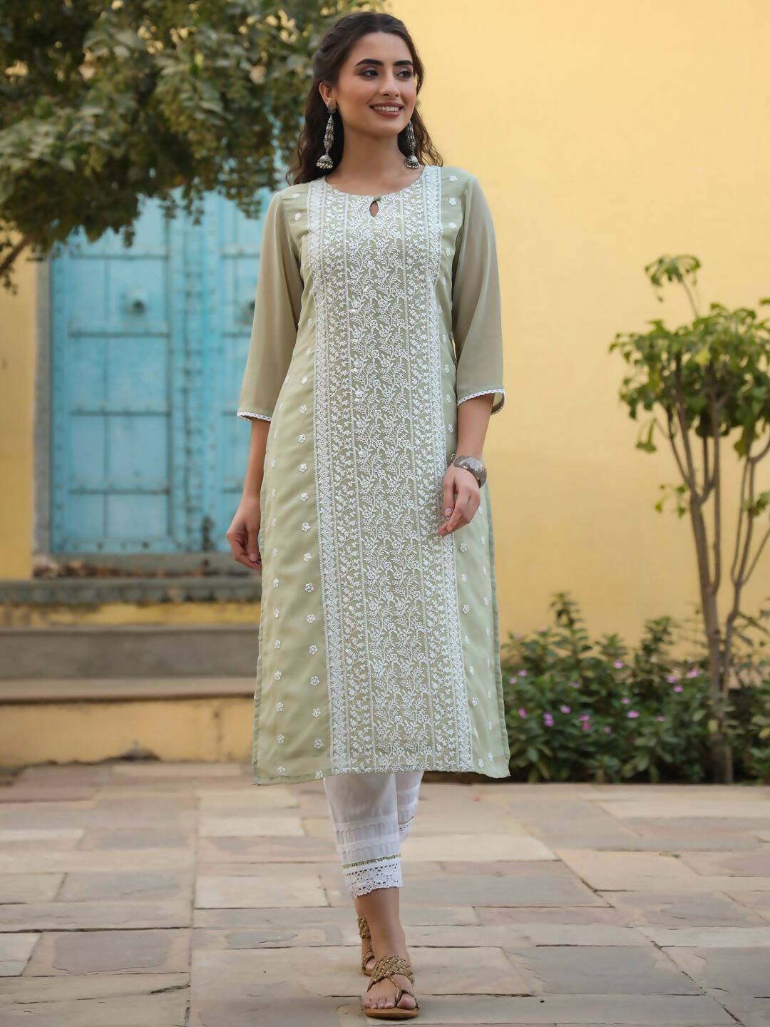 Juniper Women's Ltgreen Georgette Printed Kurta | Swadesiicart