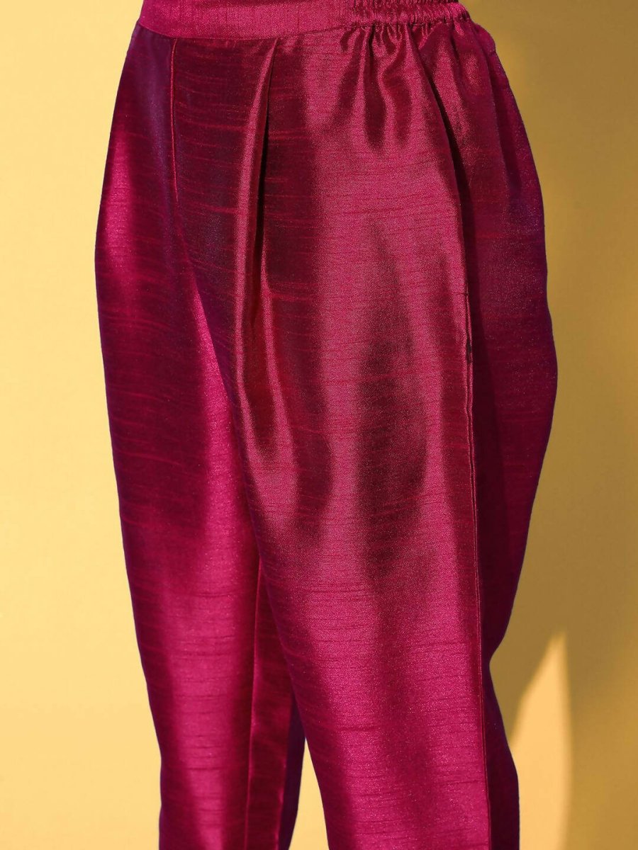 Ahalyaa Women's Wine Colour Poly Silk Gold Paste Printed Kurta Pant Set | Swadesiicart