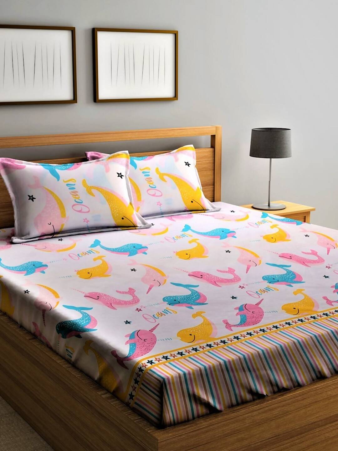 Home Sizzler Pink & White Cartoon Characters 210 TC Single Bedsheet with 1 Pillow Covers - Swadesiicart