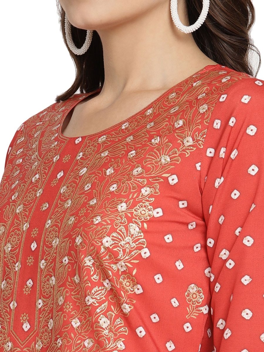 Ahalyaa Red Crepe Bandhani Gold Printed Kurta Pant With Dupatta | Swadesiicart