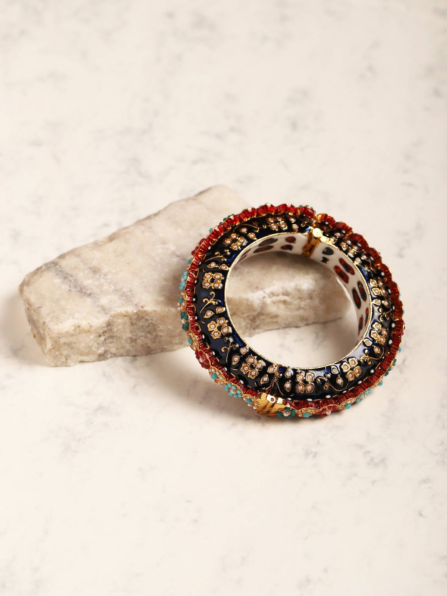 Gold-Polished Blue White Kundan Studded Pearls Beaded Bangle - Ruby Raang - Swadesiicart