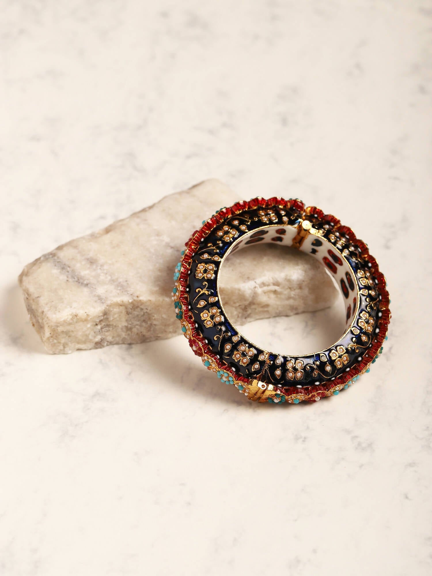Gold-Polished Blue White Kundan Studded Pearls Beaded Bangle - Ruby Raang - Swadesiicart