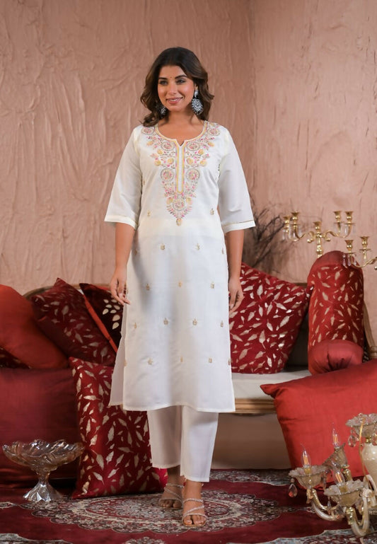 Ethnic Festive Wear Viscose Chanderi Off White Stitched Suit With Dupatta - Tanisha | Swadesiicart