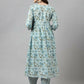 FIORRA Women's Sky Blue Pure Cotton Flared Kurta Set - Swadesiicart