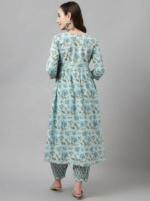 FIORRA Women's Sky Blue Pure Cotton Flared Kurta Set - Swadesiicart