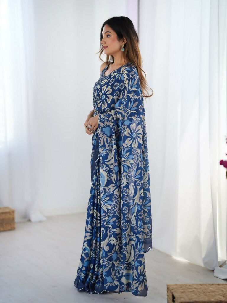 Blue Chinon Designer Digital Printed,Mirror Cut Work Saree - Manvika