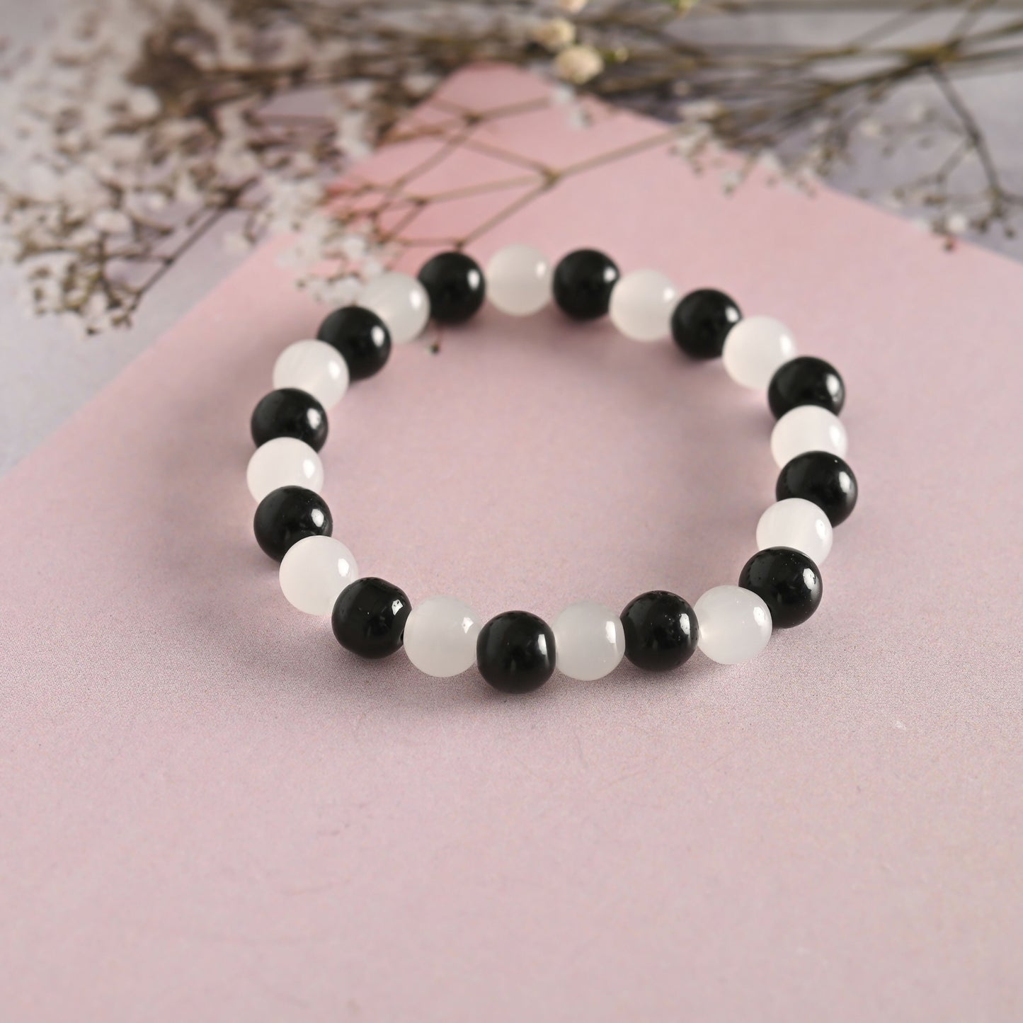 NVR Men & Women White Marble Crystal Beaded Elasticated Bracelet - Swadesiicart