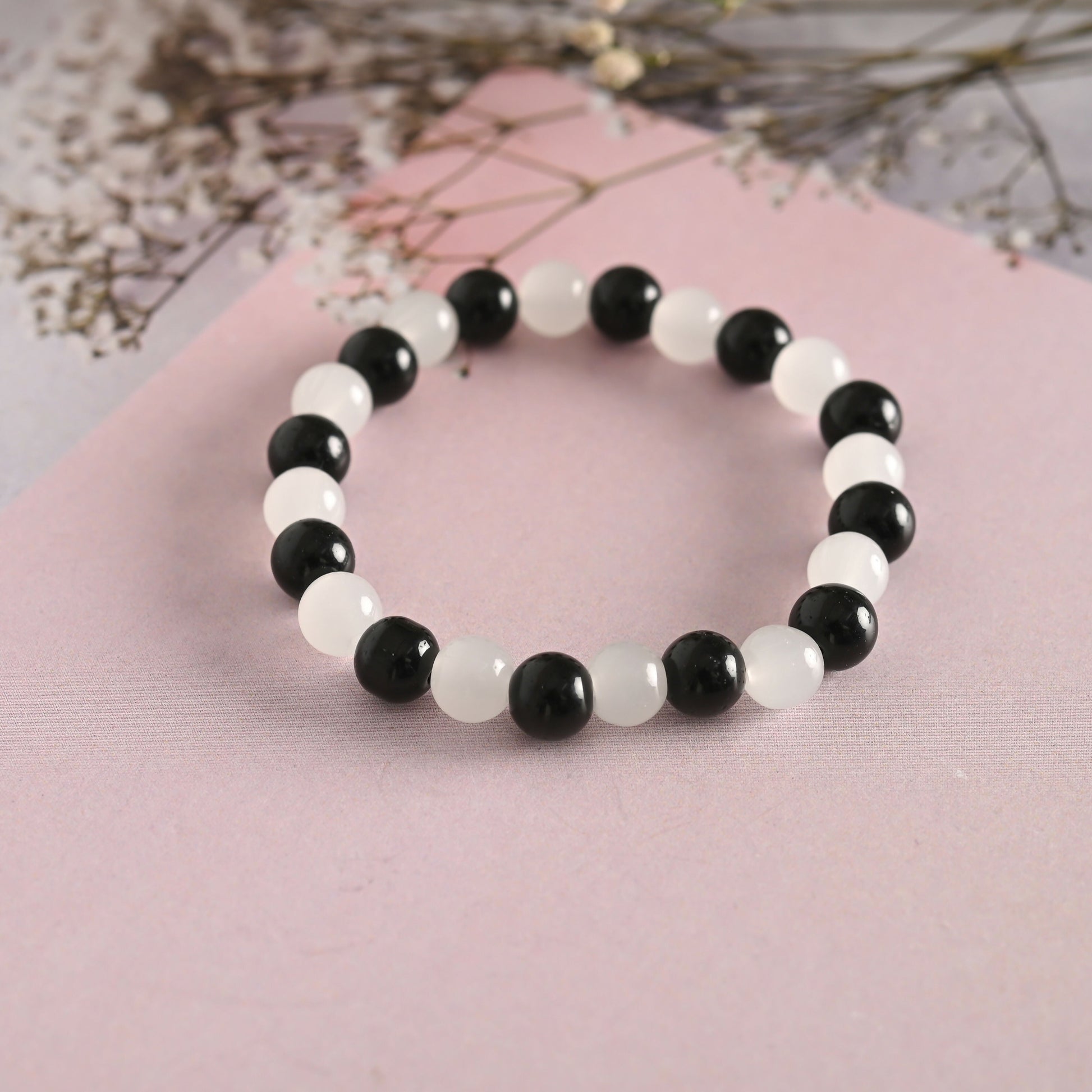 NVR Men & Women White Marble Crystal Beaded Elasticated Bracelet - Swadesiicart