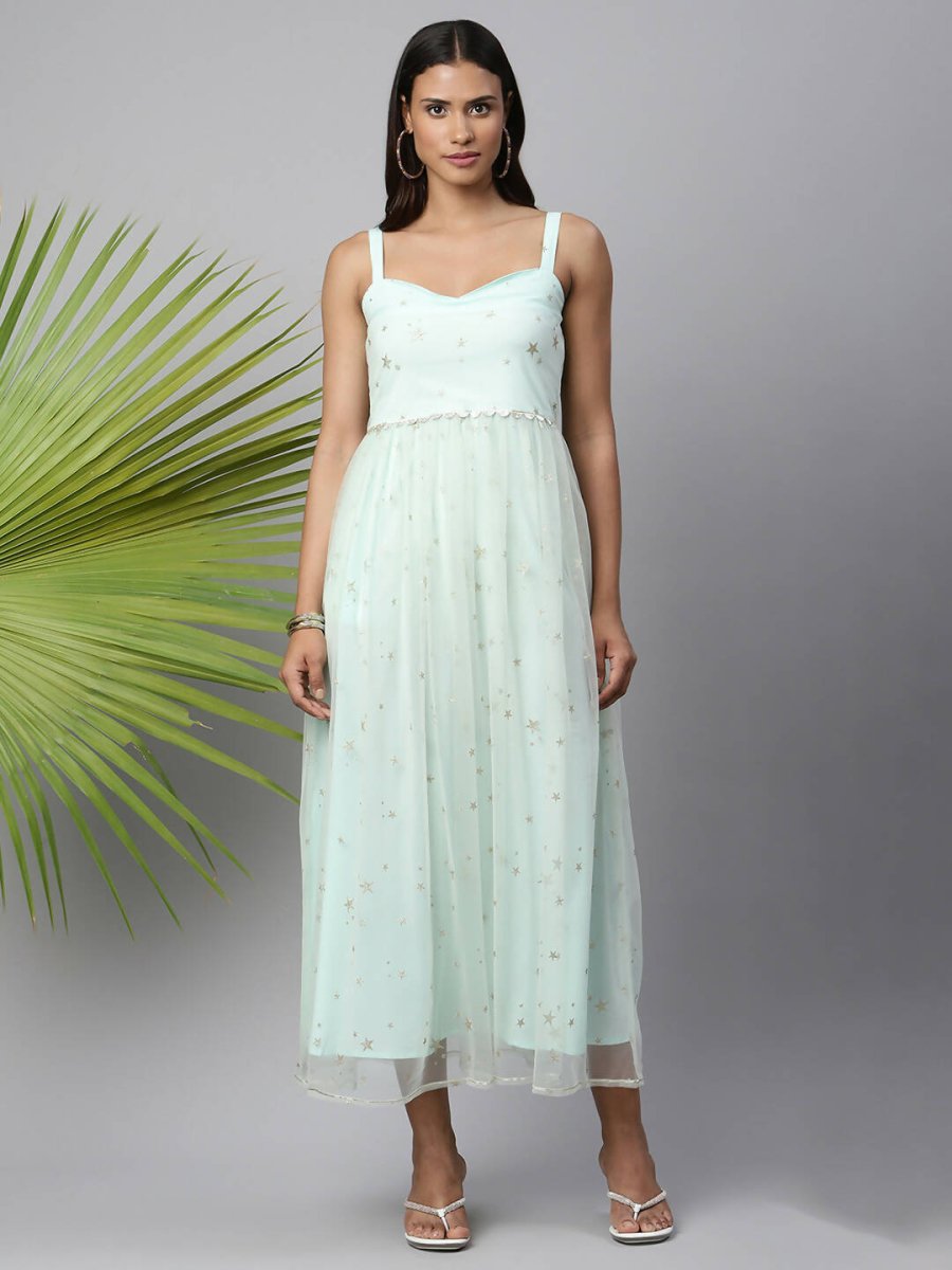 Ahalyaa Women Summer Blue Net Glitter Printed Dress | Swadesiicart