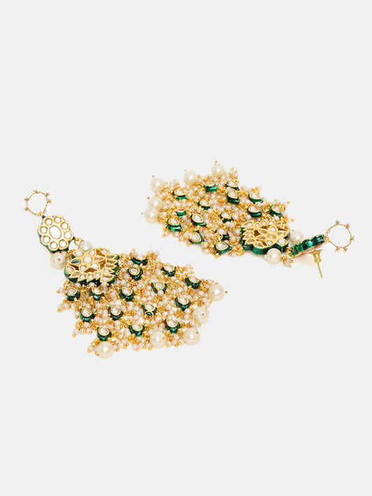 Ruby Raang 22k Gold Polished Kundan Chand Earrings With Ear Chains | Swadesiicart