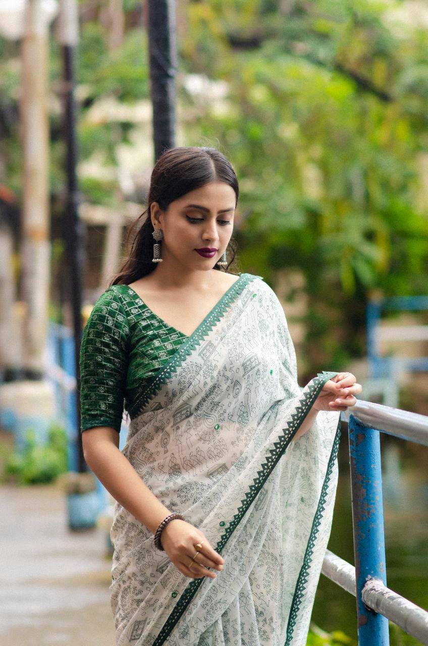 Green Pure Georgette Warli Saree with Unstitched Blouse - Hiral Fashion | Swadesiicart