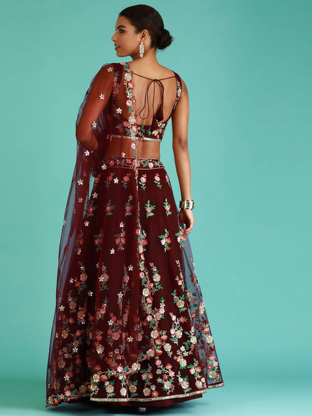 House of Panchhi Burgundy Net Sequinse Work Lehenga & Blouse, Dupatta | Swadesiicart