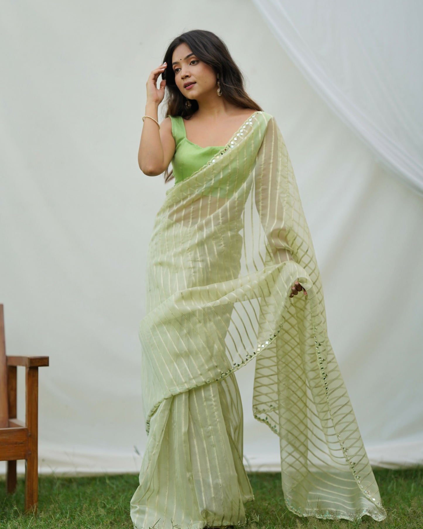 Vamsee Vijaysitara Pista Organza Saree - Swadesiicart