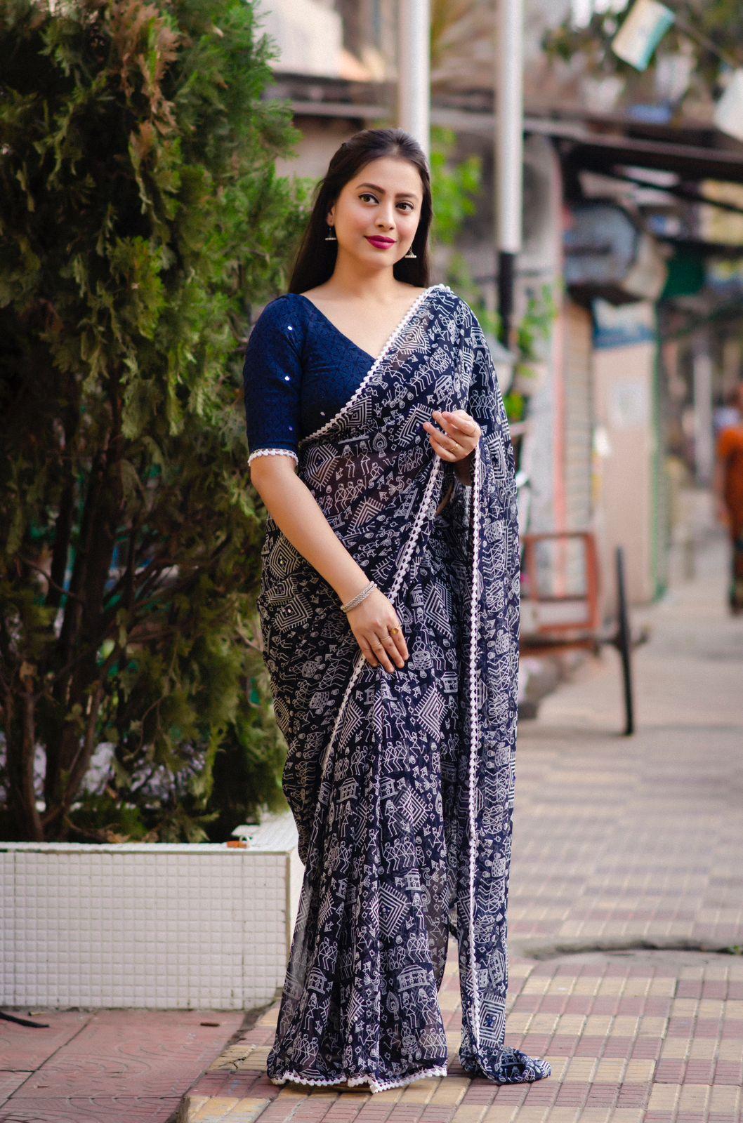 Blue Poly Georgette Ethnic Motifs Saree with Unstitched Blouse - Hiral Fashion | Swadesiicart
