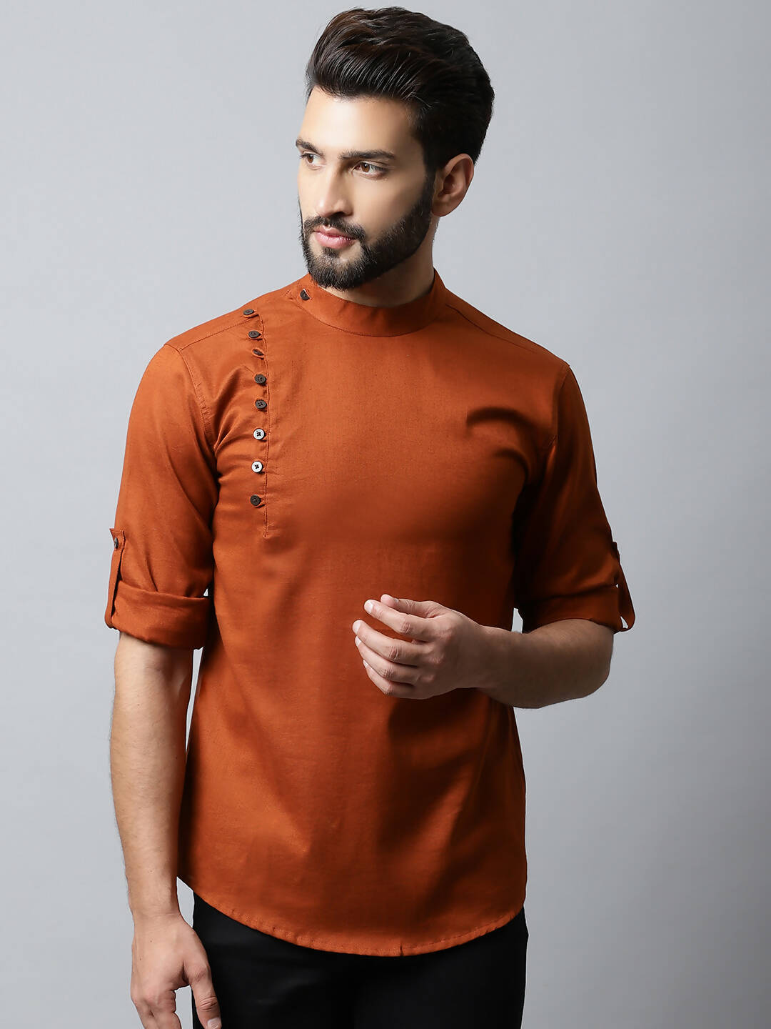 Even Apparels Brown Color Linen Pure Cotton Men's Kurta With Side Placket (SLD1137) | Swadesiicart
