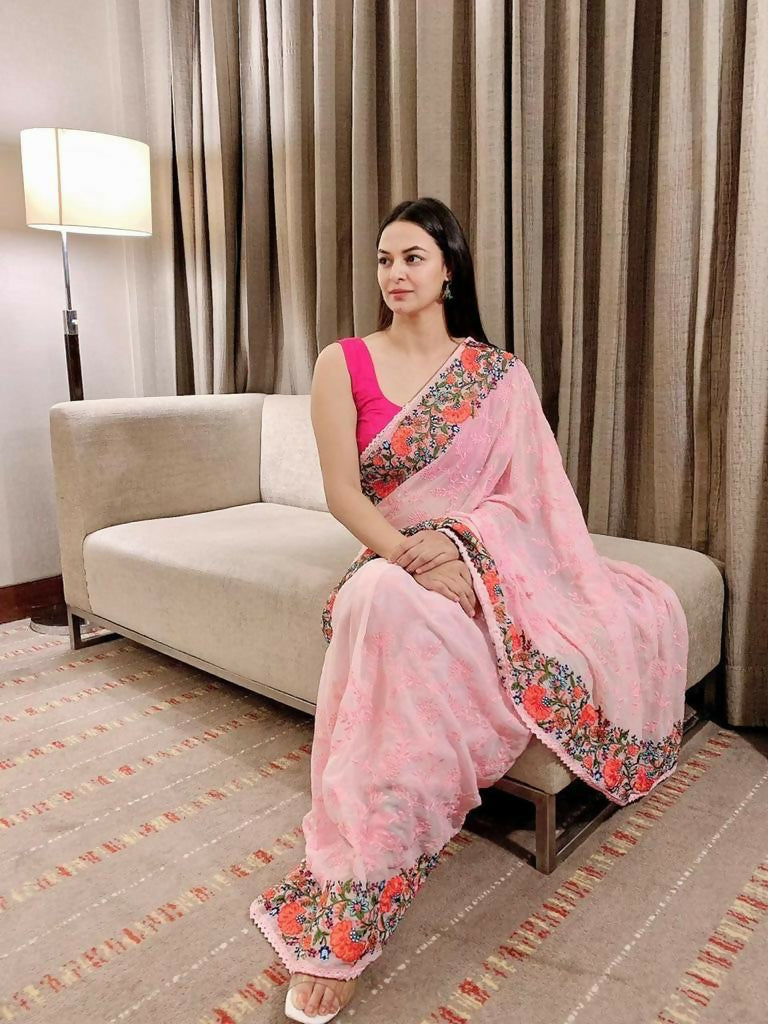 Vamsee Sandhya Pink Georgette Saree - Swadesiicart