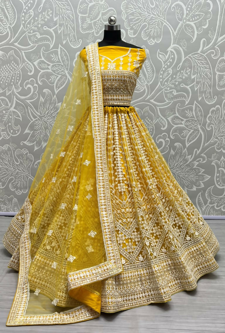 Jyoti Fashion Women's Yellow Net Patterned Thread Embroidered with Sequins Wedding Lehenga Choli | Swadesiicart