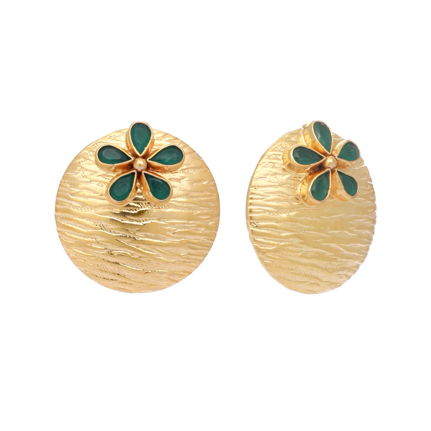 Nuyug 22K Gold-Plated Faux Emerald Stones Studded Circular Floral Shaped Motif Studs | Swadesiicart