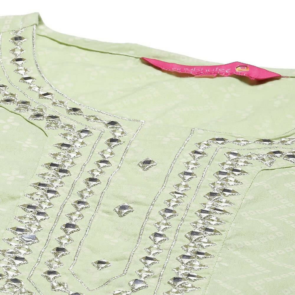 Anubhutee Women's Cotton Regular Bandhani Print Mirror Work Green Kurta Set | Swadesiicart