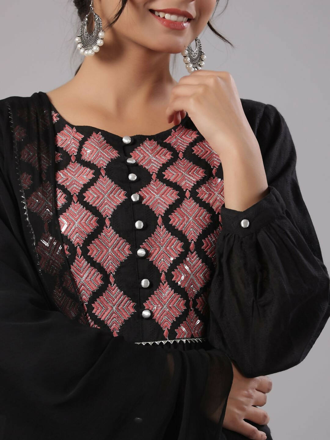 Juniper Women's Black Cotton Dobby Solid With Embroidery Flared Kurta Sets | Swadesiicart