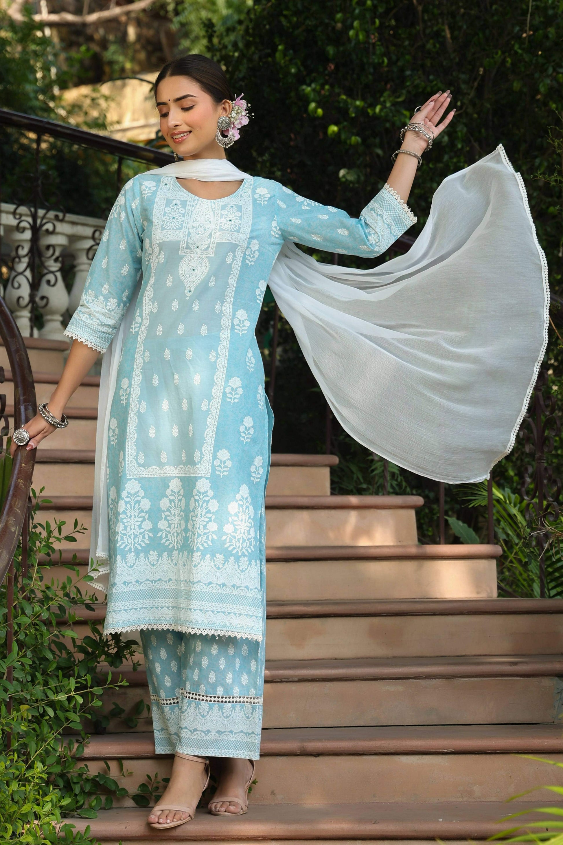 Juniper Women's Skyblue Printed Straight Kurta Sets | Swadesiicart