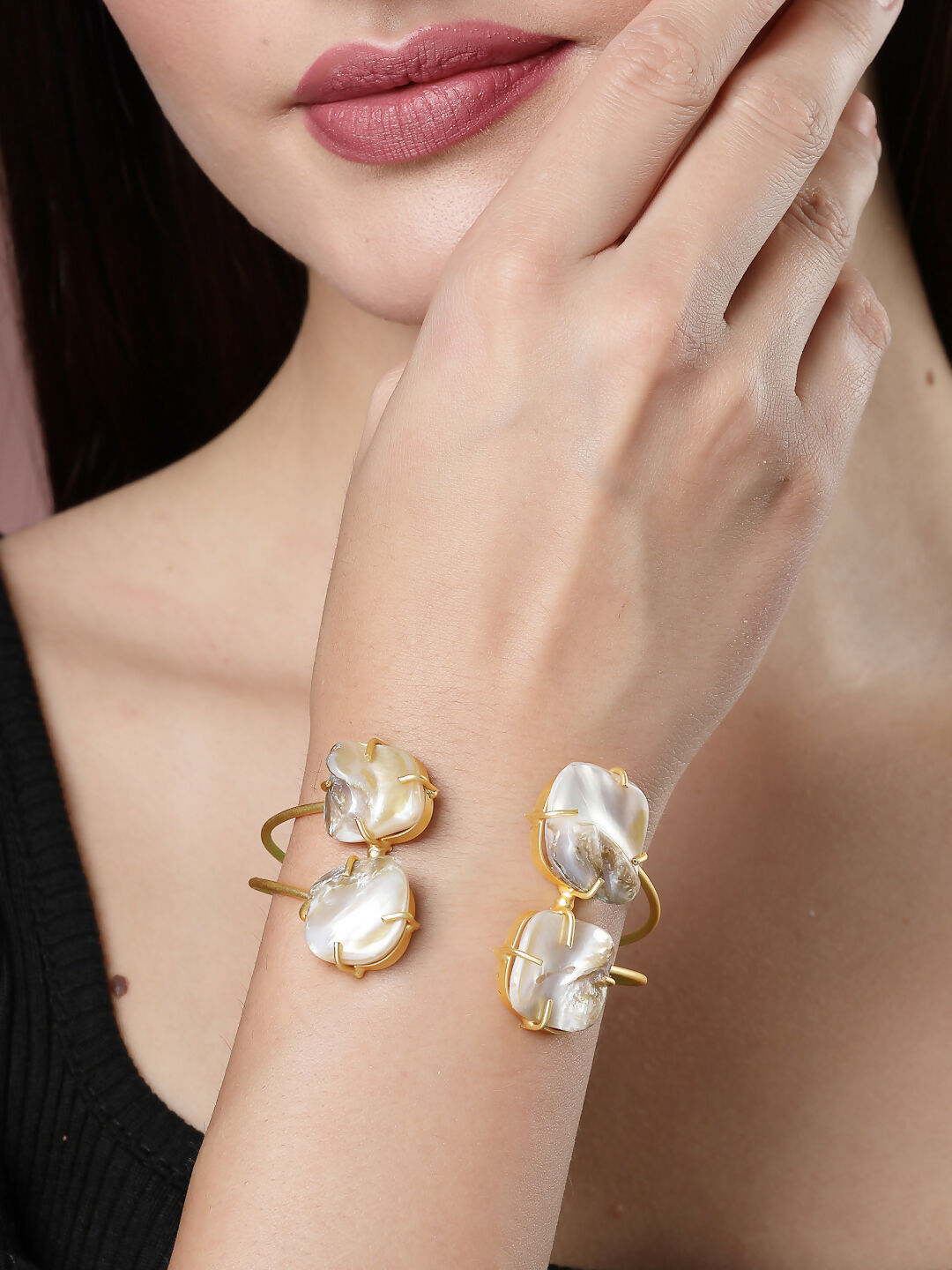 NVR Women's Gold-Polished Mother of Pearl Handcrafted Cuff Bracelet - NR Retail-NVR