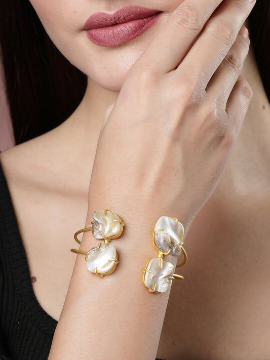 NVR Women's Gold-Polished Mother of Pearl Handcrafted Cuff Bracelet - NR Retail-NVR