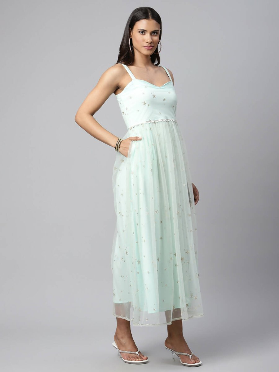 Ahalyaa Women Summer Blue Net Glitter Printed Dress | Swadesiicart