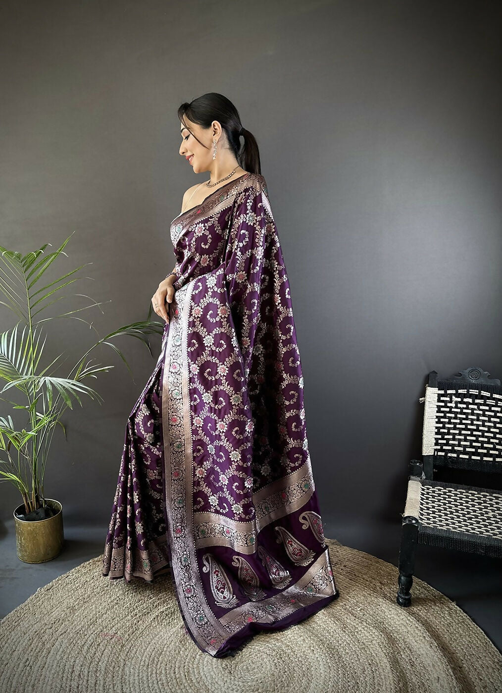 Joban Fashion Purple Meenakari Banarasi Silk Sarees | Swadesiicart
