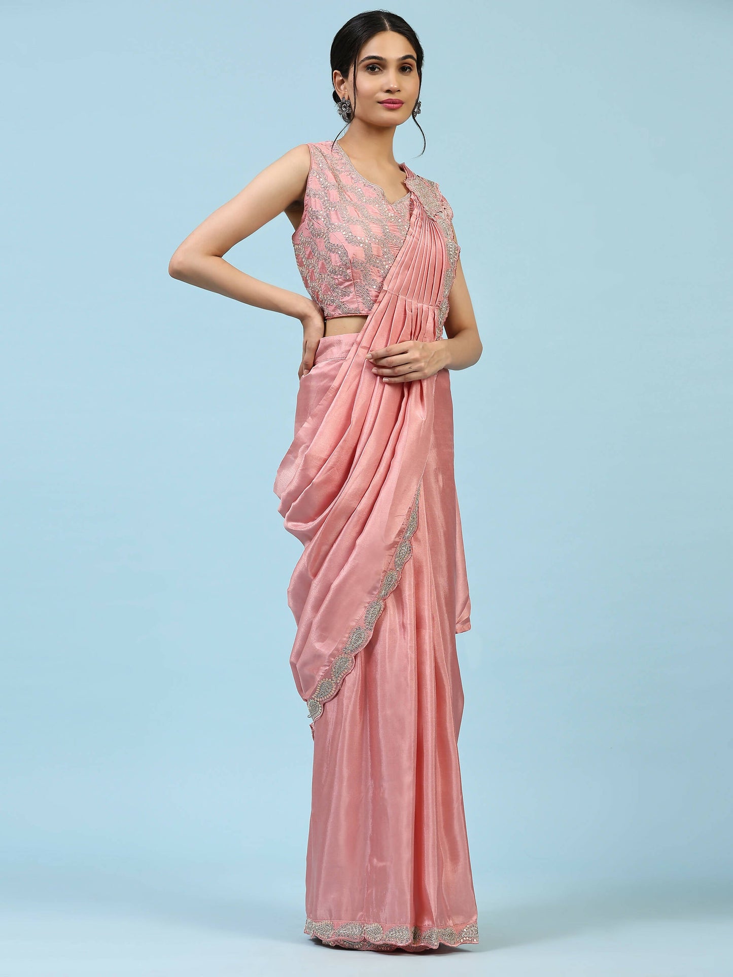 Peach Silk Satin Plain Ready to wear Saree with stitched Blouse - Vrinda | Swadesiicart