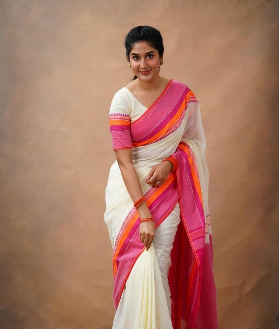 Exclusive Collection Off White Beautiful Khadi Cotton Handloom Saree - Swadesiicart