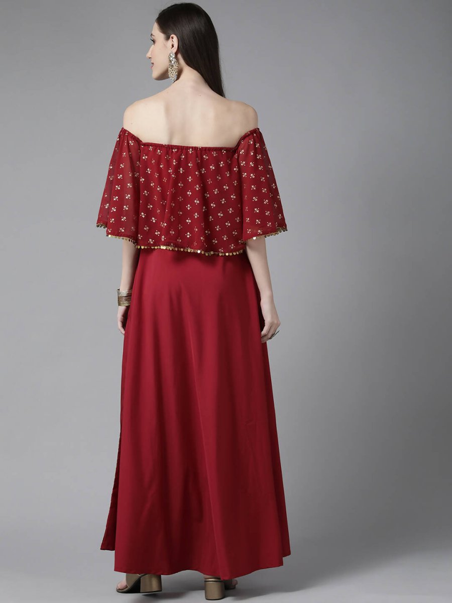 Ahalyaa Womens Maroon Cotton Blend Gold Printed Dress | Swadesiicart