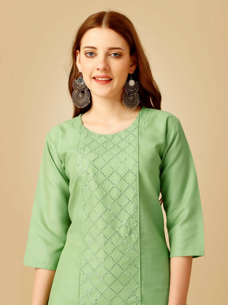 Jyoti Fashion Women's Lime Green Cotton Blend Embroidered Kurta Pant Set | Swadesiicart