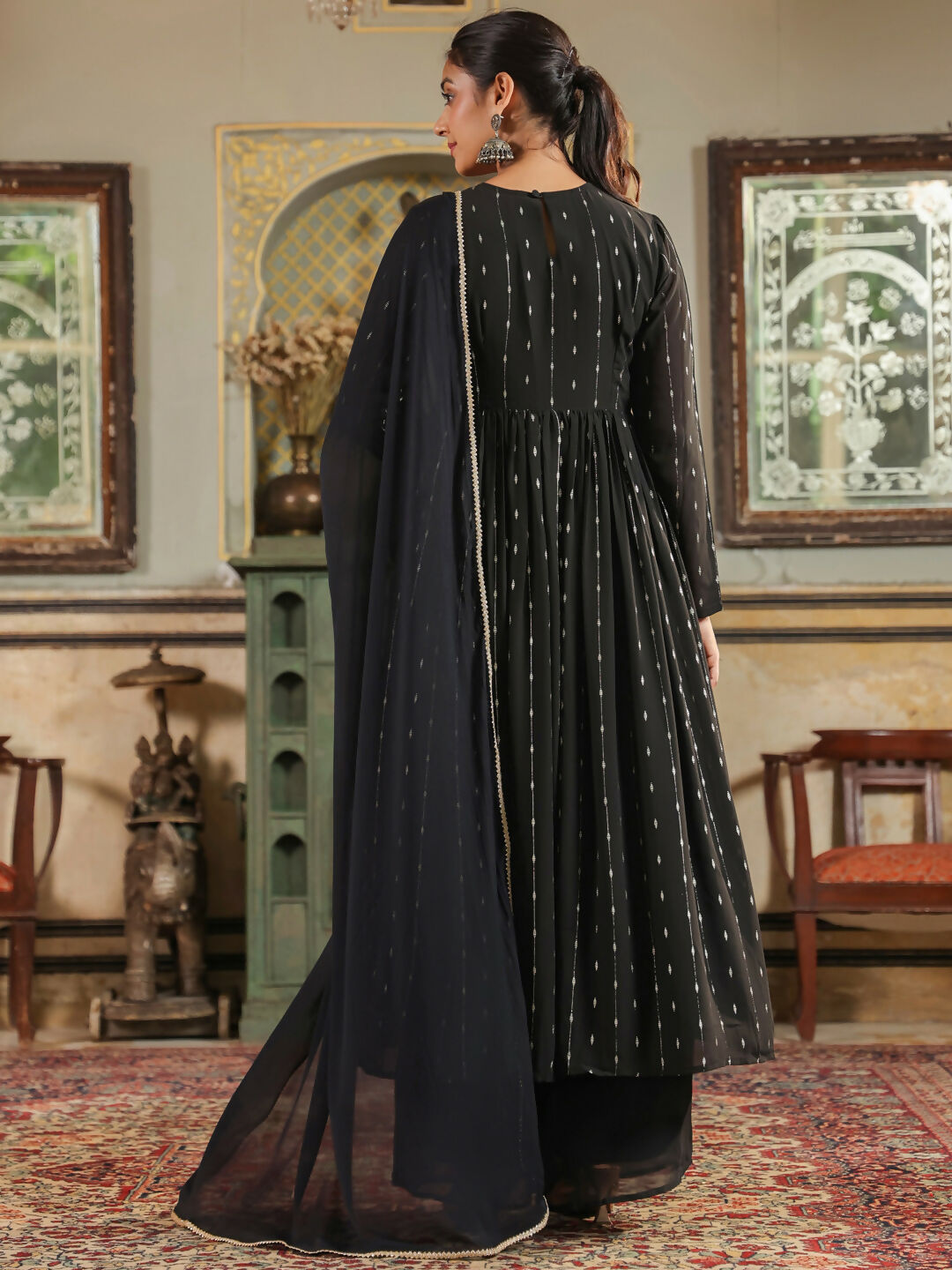 Janasya Black Georgette Foil Print Kurta,Bottom & Dupatta | Swadesiicart