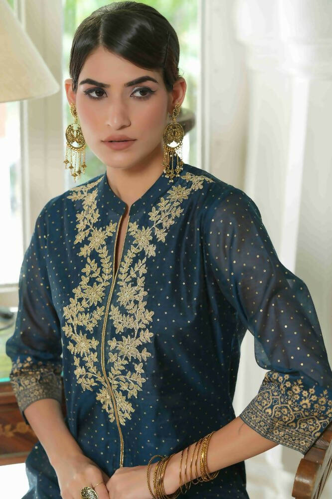 Juniper Blue Chanderi Festive Embroidered Polka Dot Printed A-Line Kurta For Women | Swadesiicart
