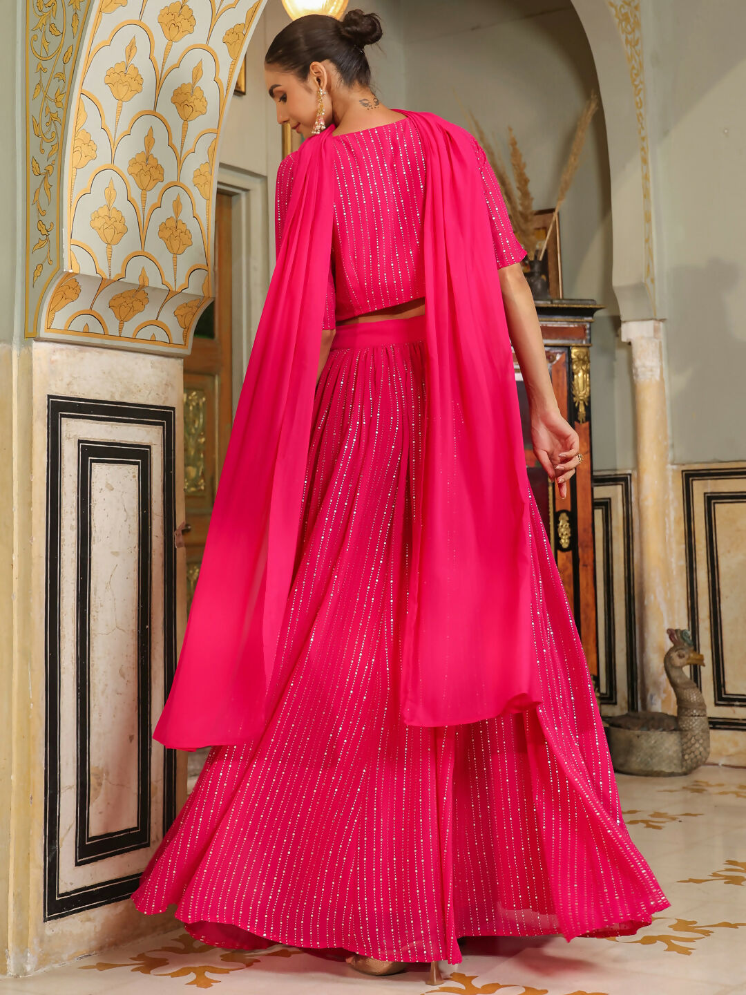 Janasya Pink Georgette Foil Print Lehenga Choli Dupatta | Swadesiicart