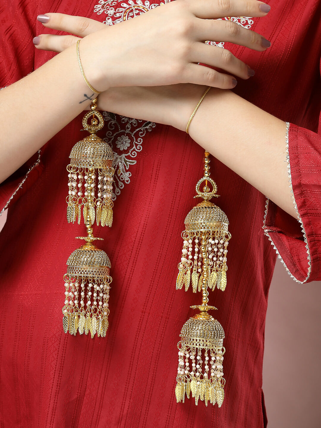 NVR Women's Pack Of 2 Gold-Polished Stone Studded Bridal Layered Kaleera Sets - Swadesiicart