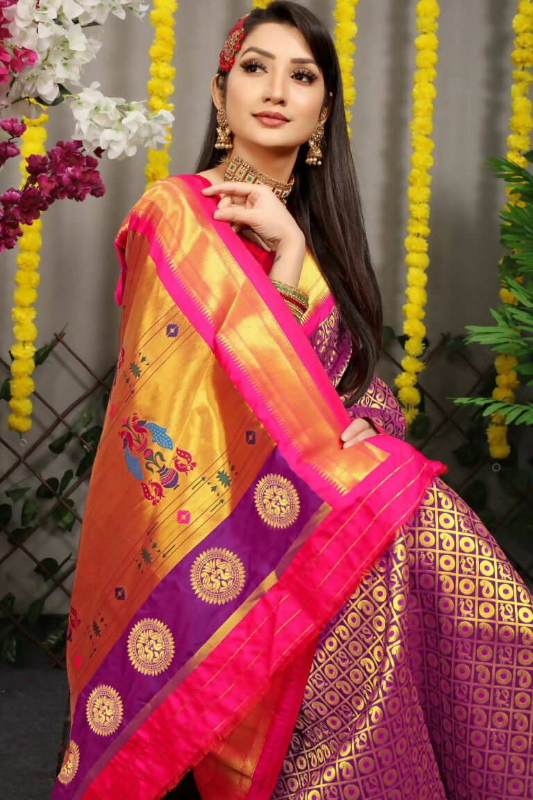 Jyoti Fashion Women's Purple Banarasi Silk Zari Woven Saree with Blouse | Swadesiicart