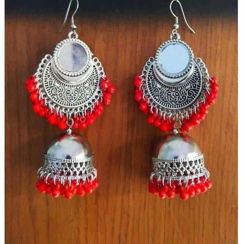 MS Fashion India Red Color Pearls Silver Oxidized Mirror Design And Traditional Jhumka Earrings | Swadesiicart