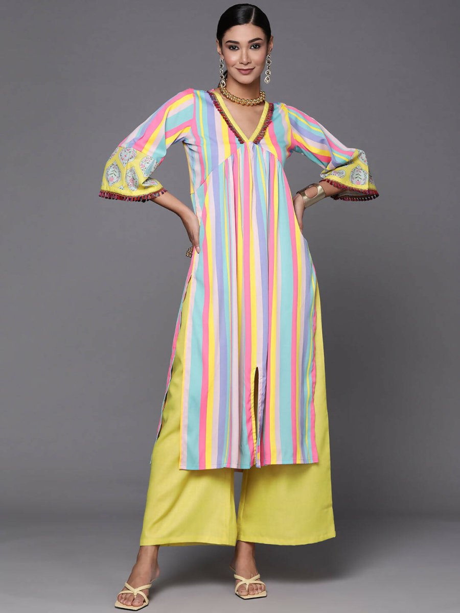Ahalyaa Women Neon Green & Blue Candy Striped Kurta with Palazzos | Swadesiicart